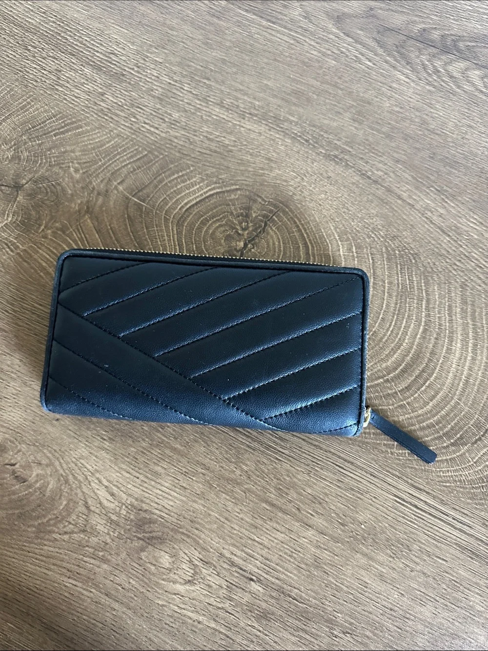 Authentic Tory Burch Black Quilted Zip Wallet with Gold Logo